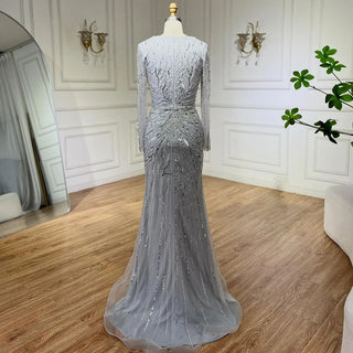 2024 Dubai Gray Long Sleeves Mermaid Beaded Arabic Luxury Evening Dress: Gowns for Women's Wedding Party