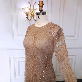 Ships in 1 to 3 Days - Nude Mermaid Prom Dress 2024 with Long Sleeves, Sparkling Sequined Beading - Luxury Elegance