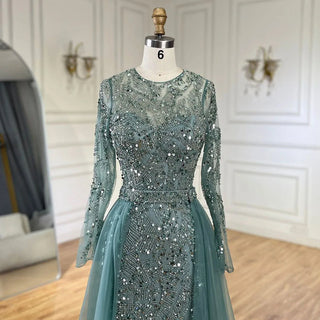 Ships in 1 to 3 Days - Arabic Turquoise Mermaid Gown with Tulle Overskirt and Beaded | Evening Gowns for Women - Wedding Party