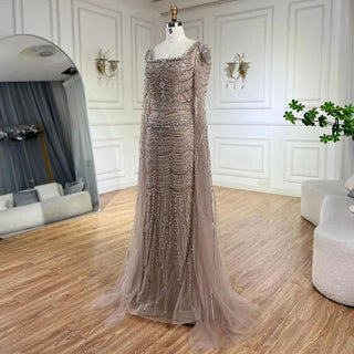 Ships in 1 to 3 Days: Arabic Caramel Mermaid Long Evening Dress with Beaded Cape Sleeves Gown for Women's Wedding Party 2024