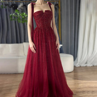 Ships in 1 to 3 Days - 2024 Saudi Wine Red Beaded Evening Gown - Spaghetti Strap A-Line Luxury Floor-Length Dress for Formal Occasions