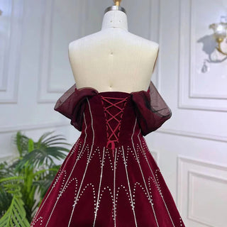 Luxury Dubai: Arabic Burgundy Velvet Ball Gown Evening Dress 2024 with Crystal Details - Perfect for Women's Formal Wedding Parties