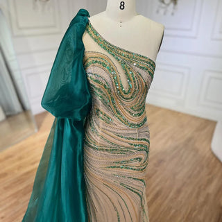 Emerald Enchantment: 2024 Green One Shoulder Mermaid Evening Gown with Long Cloak - Luxury Beaded Dress for Women's Wedding Party