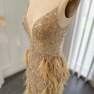 Champagne Dreams 2024: Luxury Feathered Mermaid Evening Dress with Spaghetti Straps, Perfect for Women at Weddings and Proms.