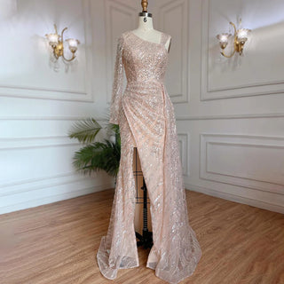 Dubai Champagne Glamour: Luxury Mermaid Arabic Evening Dress with Overskirt, Tailored for Plus Size Women as Wedding Guests at Formal Parties.