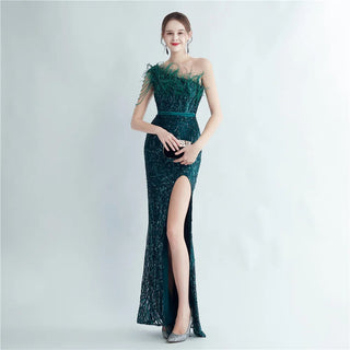 Elegant Slash Neck Feather Sequin Evening Dress - Beaded Long Party Maxi Dress for Women