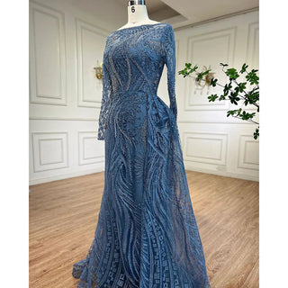 Dubai Oasis: Blue Mermaid Gown with Overskirt & Long Sleeves for Plus Size Elegance