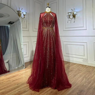 Wine Red Beaded Mermaid Saudi Evening Dress with Cape for Formal Occasion