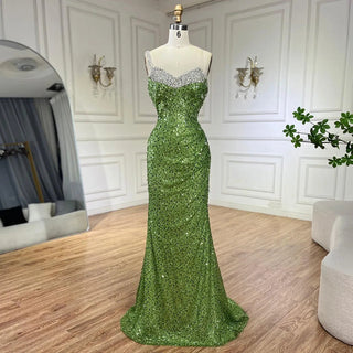 Luxury Sage Green One-Shoulder Beaded Crystal Mermaid Evening Gown - Dubai Style for Women Party 2024