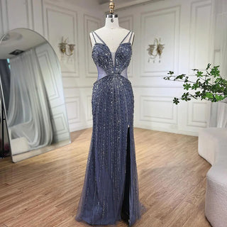 Gray Cut Out Spaghetti Straps Elegant Mermaid Evening Dresses Gowns Luxury Beaded For Woman Party 2024