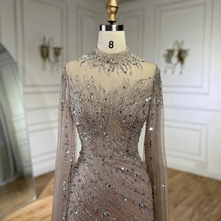 Ships in 1 to 3 Days - 2024 Nude Cape Sleeves Mermaid Lace Beaded Luxury Dubai Long Evening Dress - Perfect for Women's Wedding Parties