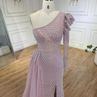 Arabic Pink Mermaid Elegant One Shoulder Beaded Luxury Evening Dresses Gowns For Women Wedding Party 2024