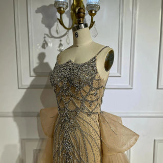 Nude Beaded Spaghetti Strap Evening Gown with Overskirt – Custom 2025 Saudi Design