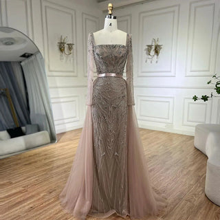 Ships in 1 to 3 Days - Arabic Nude Mermaid Beaded Luxury Dubai Long Evening Dress with 2-in-1 Skirt and Overskirt for Women's Party 2024