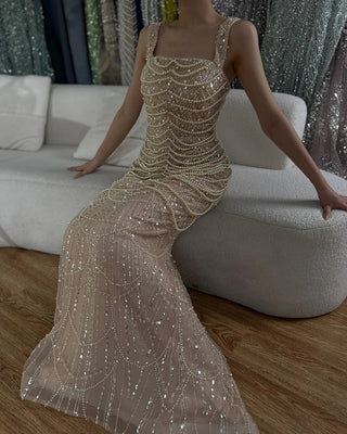 Arabic Nude Spaghetti Strap Mermaid Pearls Beaded Evening Gown for Women | Wedding Party 2025