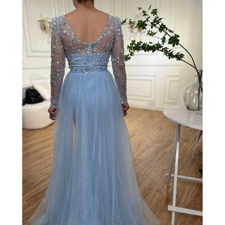 Ships in 1 to 3 Days - Blue Mermaid Elegant Evening Dress with Train - Beaded Luxury Arabic Gown for Women's Wedding Party 2024