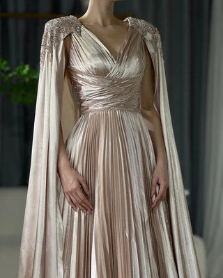 Ships in 1 to 3 Days - 2024 Nude Beaded Satin A-Line Evening Gown with Cape Sleeves - Saudi Arabic Formal Dress