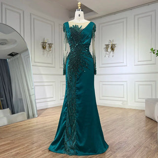 Ships in 1 to 3 Days - Luxury Dubai Green Mermaid Lace Beaded Satin Evening Dresses Formal Gowns 2024 For Woman Wedding Party