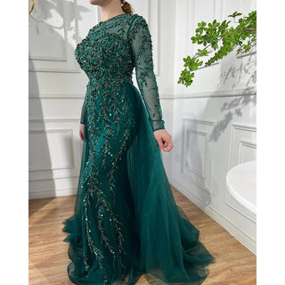 Ships in 1 to 3 Days - Muslim Green Elegant Mermaid Lace Beaded Luxury Long Evening Dress Gown for Women Wedding Party 2024