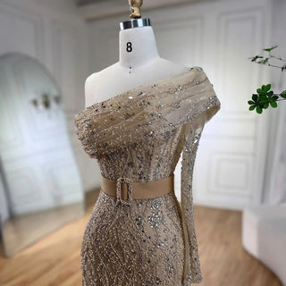 Ships in 1 to 3 Days - Arabic Nude Mermaid Evening Gown: One-Shoulder Beaded Luxury Dubai Design for Women's Wedding Party