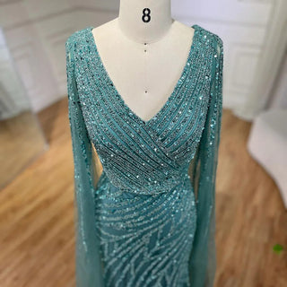 Arabic Mermaid Blue Beaded Elegant Cape Sleeves Luxury Evening Dress Gown for Women Wedding Party 2024