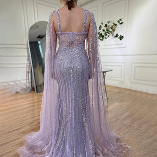 Ships in 1 to 3 Days – Lilac Mermaid Evening Gown 2024: Cape Sleeves, Luxury Beaded, Open Split for Women's Wedding Party