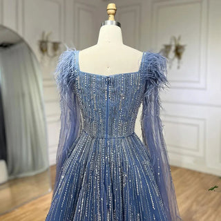 Luxury Dubai A-Line Blue Evening Dress with Cape Sleeves - Feathers Beaded Gown for Women's Wedding Party (2024)