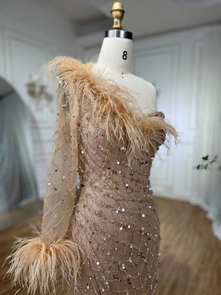 Ships in 1 to 3 Days - 2024 Caramel One-Shoulder Mermaid Luxury Beaded Evening Gown with Feathers - Elegant for Women's Parties