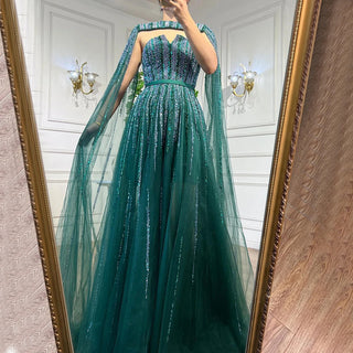 Ships in 1 to 3 Days - Arabic Green Cape Sleeves A-Line Beaded Evening Dress - Long Celebrity Gown for Women's Wedding Party 2024