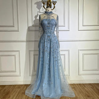 Ships in 1 to 3 Days - Opulent Arabic-Inspired A-Line Blue Lace Beaded Evening Gown For Women's Party