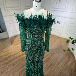 Luxury Dubai Green Boat Neck Mermaid Elegant Feathers Beaded Evening Dresses Gowns For Woman Wedding Party