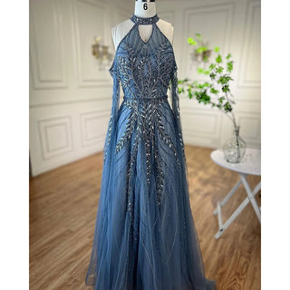 Luxury Dubai Blue Evening Dresses with Cape Sleeves: Elegant Silver Gray and Gold for Women's Wedding Party Gown