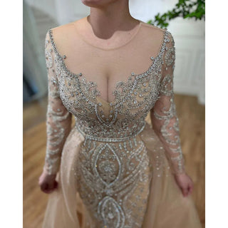 Nude Luxury Muslim Mermaid Evening Dress with Beaded Overskirt - Elegant Gown for Women's Party 2024