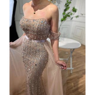 2024 Arabic Caramel Mermaid Evening Gown: Sexy Strapless Design with Overskirt and Beaded Detail for Women's Wedding Party Elegance