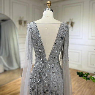 Arabic Charcoal: 2024 Gray Mermaid Evening Dress with Elegant Cape Sleeves - Luxury Beaded Gown for Women's Wedding Party