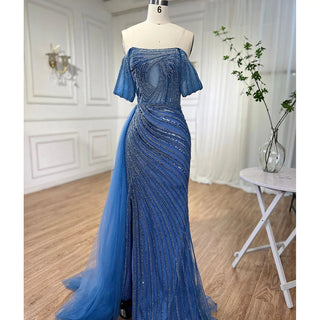 Arabic Blue Elegant Mermaid Evening Dress 2024 - High Split, Beaded Luxury Gown for Women's Wedding Party