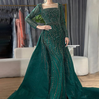 Luxurious Green Beaded Mermaid Evening Gown with Overskirt