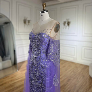 2024 Arabic Lilac Cape Sleeve Mermaid Luxury Dubai Evening Gown Beaded Dress for Women's Party