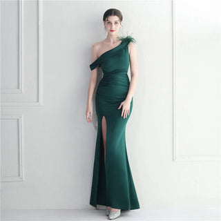 Sexy Slash Neck Feather Party Maxi Dress - Long Slit Prom Evening Dress for Women