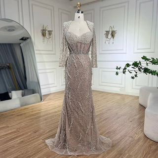 Ships in 1 to 3 Days - Dubai Luxury Pearls Beaded Nude Elegant Arabic Mermaid Evening Dress for Women - Wedding Party 2024