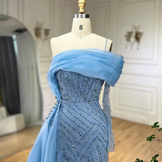 Ships in 1 to 3 Days - Blue Mermaid Elegant One-Shoulder Evening Dress with Luxury Pearls Beading - Women's Wedding Party Gown (2024)