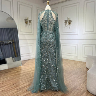 2024 Arabic Turquoise Cap Sleeve Mermaid Beaded Luxury Dubai Evening Dress Gown for Women Wedding Party