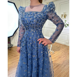 Blue Opulence: 2024 Muslim A-Line Evening Dress with Luxury Beading - Perfect for Women's Parties