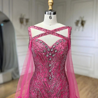 Feathered Fuchsia: 2024 Elegant Cap Sleeve Mermaid Evening Dress - Luxury Beaded Gown for Ladies' Wedding Party