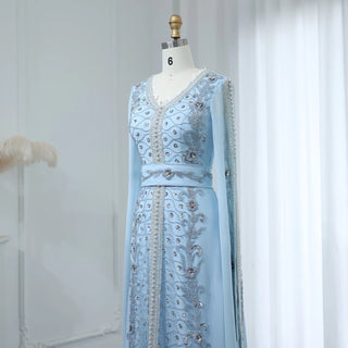 Dubai Blue Evening Dress for Women Elegant Long Sleeves Muslim Arabic Formal Wedding Party Gown