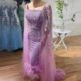 Lilac Majesty: 2024 Mermaid Ankle-Length Midi Feather Beaded Luxury Evening Dress with Cape - Gown for Women's Party