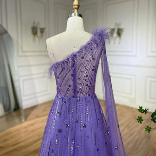 Lilac A-Line One Shoulder Cape Sleeves Feathers Beaded Luxury Evening Dresses: Gowns for Women's Wedding Part