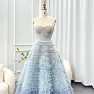 Chic Blue Ombre Tiered Ruffles: Luxury 2024 Dubai Ball Gown Evening Dresses