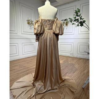 Ships in 1 to 3 Days - Arabic Olive Satin Mermaid Strapless Puff Sleeves Beaded Evening Dress - Gown for Women's Wedding Party 2024