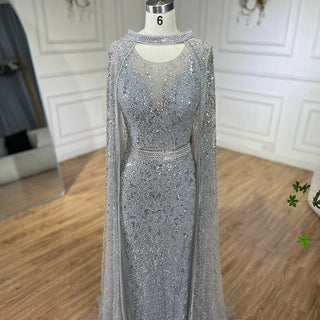 Ships in 1 to 3 Days - 2024 Luxury Dubai Gray Arabic Mermaid Beaded Evening Gown with Detachable Long Cape for Women's Party